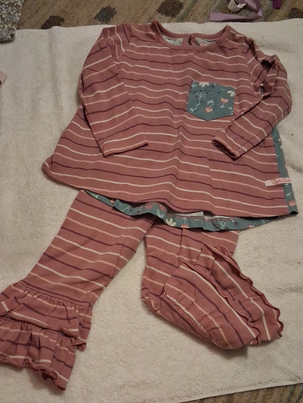 Ruffle Butts 2t Girls' Pink Striped Ruffle Hem Set with Pocket